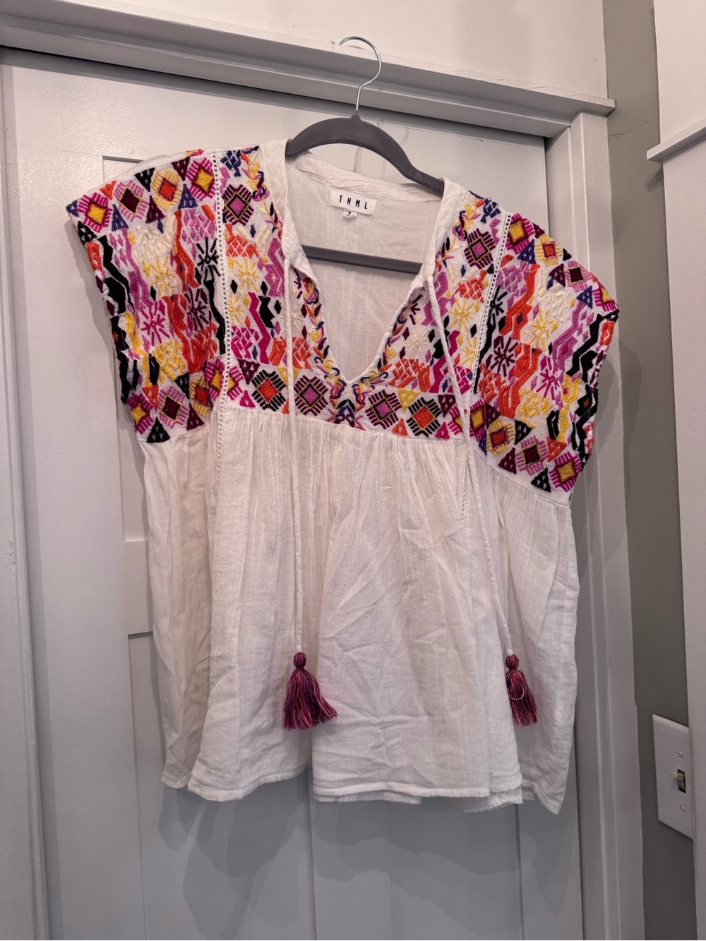 THML White Boho Tunic with Pink, Purple, Yellow & Orange Embroidery